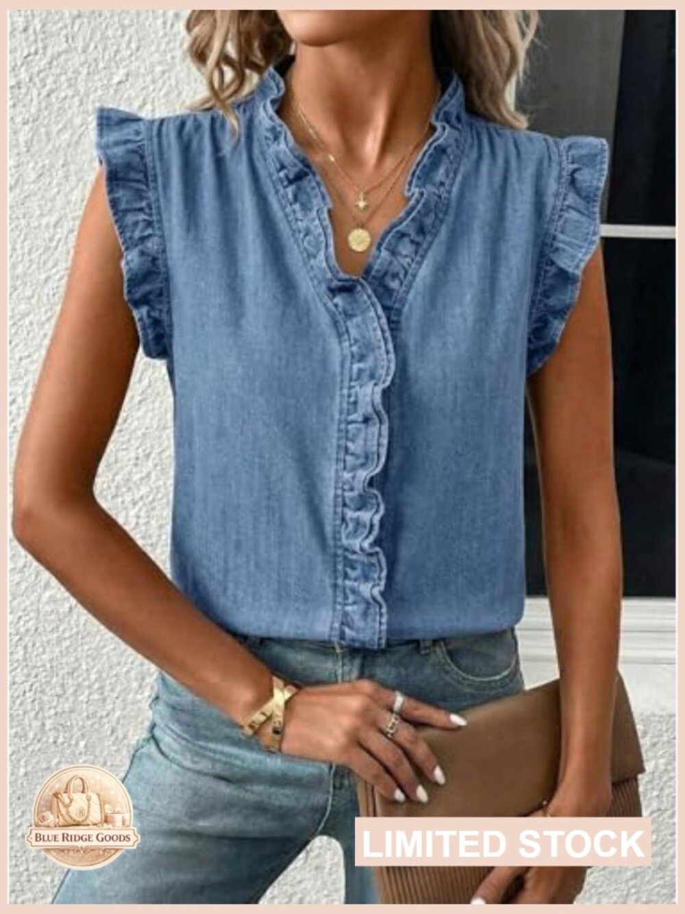 Denim Vest Top Peplum V-Neck Sleeveless Chic Casual Button Down - Picture 3 of 7